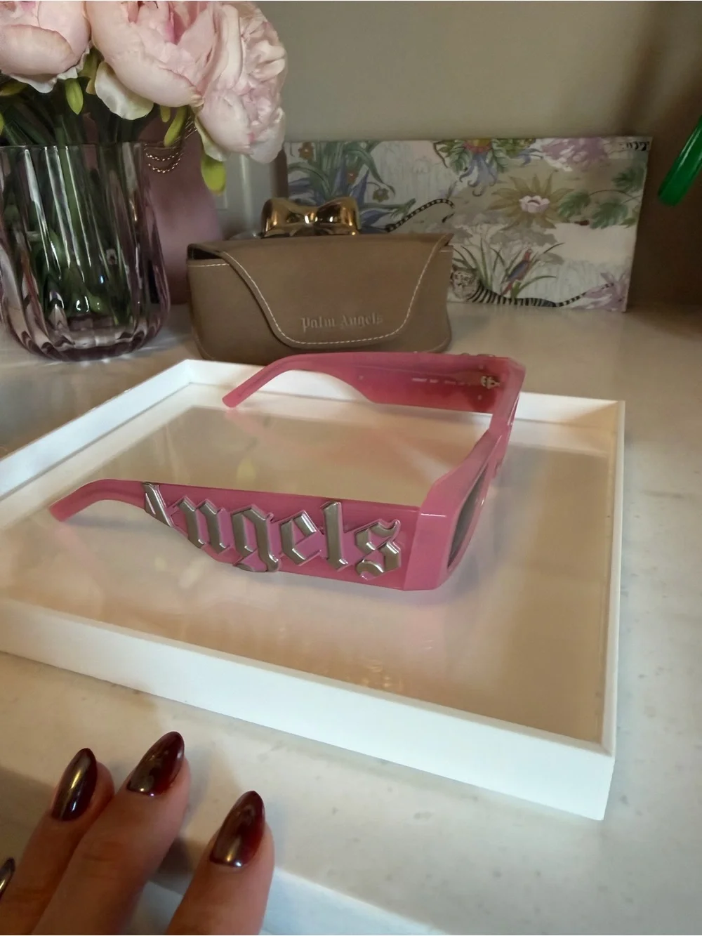 Palm Angels NIB Pink shades new in Brown Suede Sunglasses Case GIFTABLE